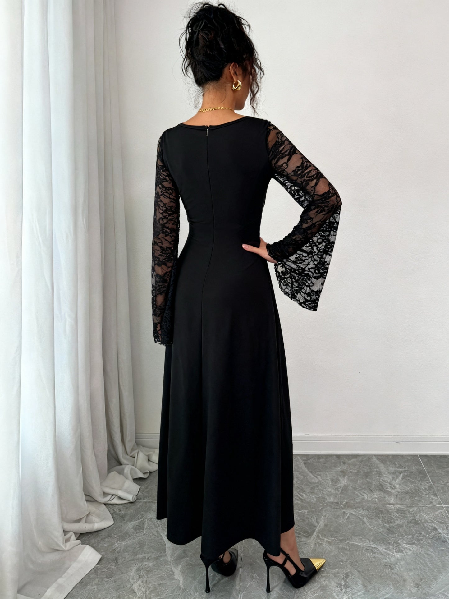 2025 New Fall/Winter Vintage Black Lace Tulle Square Neck Bell Sleeves Split Long-Sleeve Maxi Dress | Elegant Fit and Flare Silhouette with Contrast Lace Details