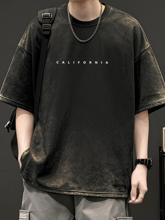 California Letter Print Summer Men'S Trendy Drop Shoulder High-Quality Thick Oversized Vintage Washed Pure Crew Neck T-Shirt Street Style Loose Hip-Hop Top Short-Sleeve Shirt