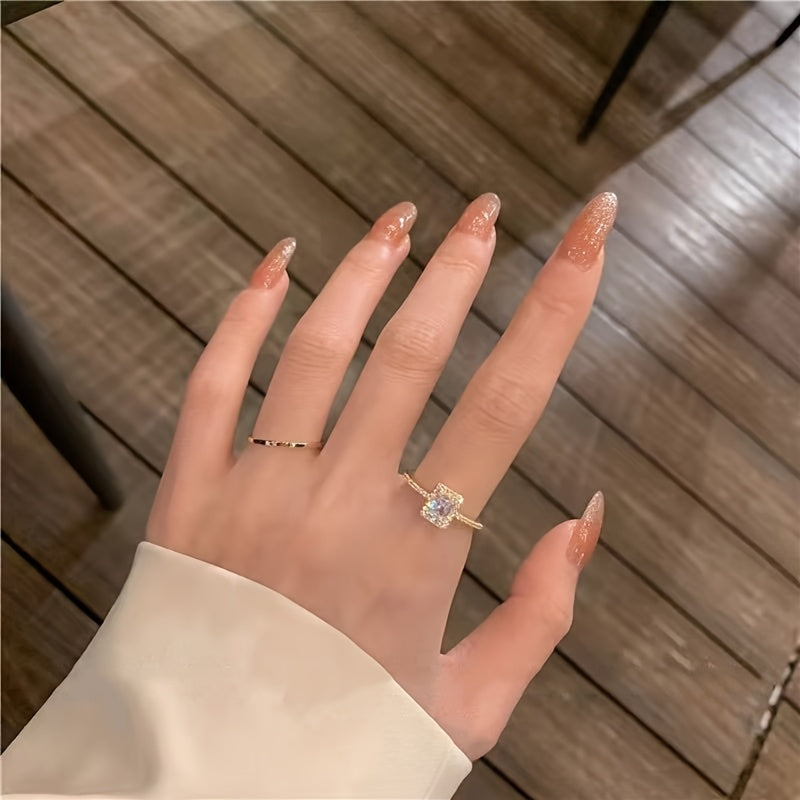 Elegant Luxury Square Cubic Zirconia Open Ring, Fashionable Minimalist Index Finger Jewelry for Women, Perfect for Wedding, Party, Music Festival, Festive Wear