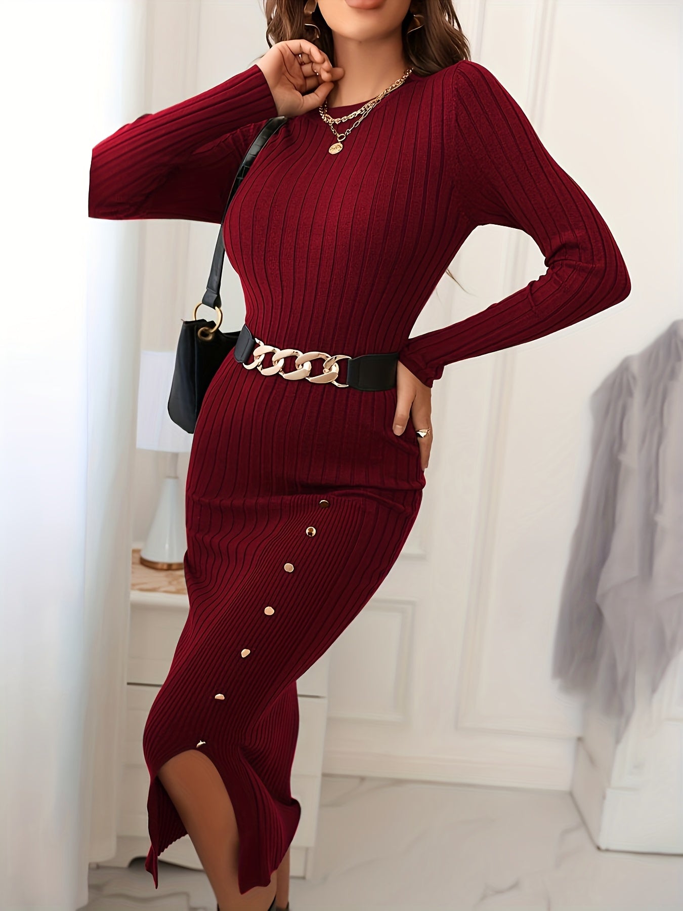 Solid Color Side Split Beltless Slim Fit Autumn Winter Dress 2111155665275355 Vika Targeted