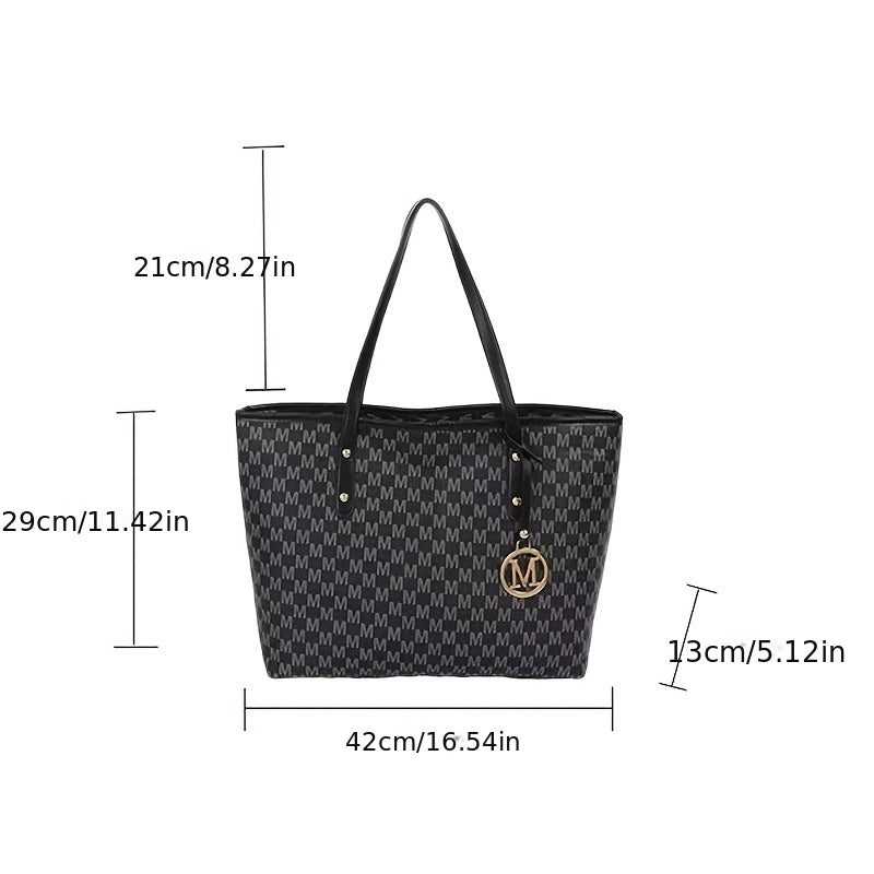 Grand sac cabas femme style designer, cuir synthétique géométrique, bandoulière chaîne dorée amovible, détail monogramme « M », léger, idéal pour bureau, école ou shopping, coloris marron café, beige et noir