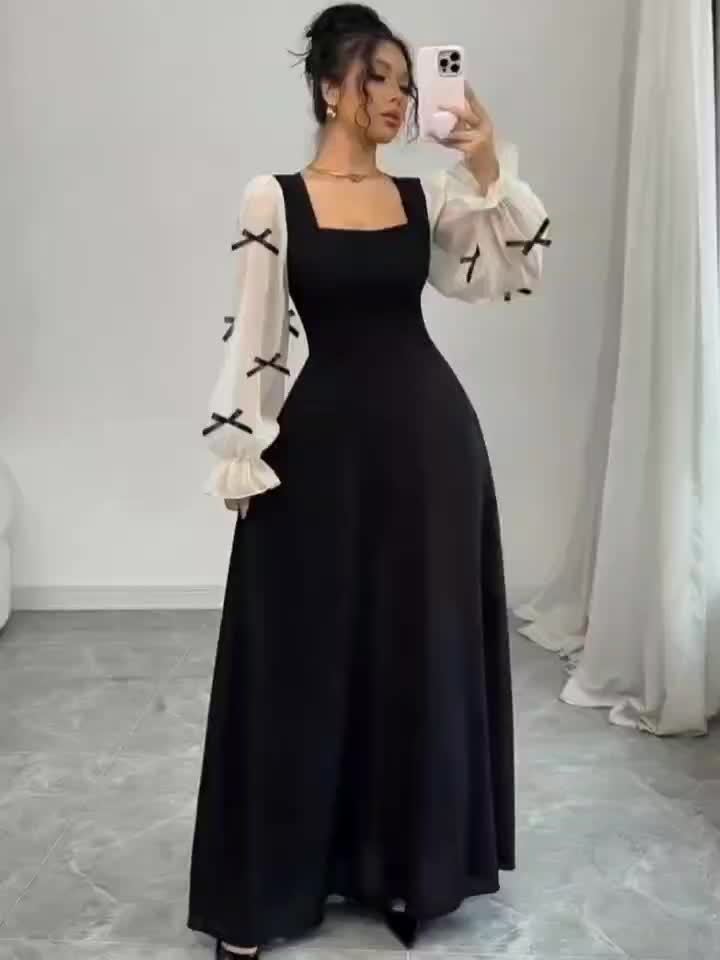 Chic Women'S A-Line Dress with Square Neck, Featuring Chiffon Bell Sleeves And Bow Accents, Perfect for Winter Celebrations, Christmas Parties, New Year Festivities, And Thanksgiving Gatherings.