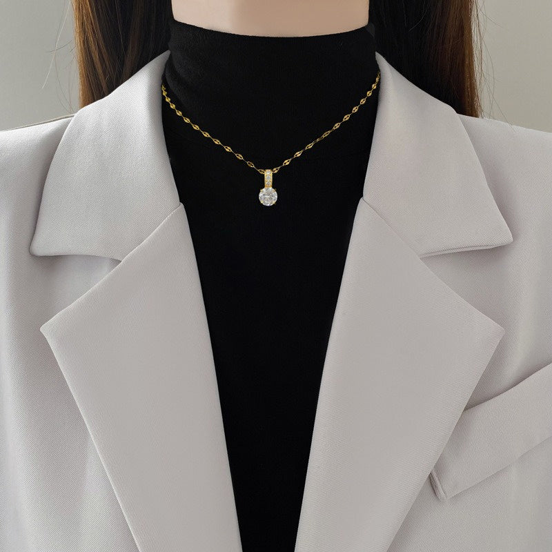 Collier pendentif en acier inoxydable plaqué or – zirconia synthétique micro-incrusté, chaîne réglable minimaliste tendance, bijou cadeau pour femme
