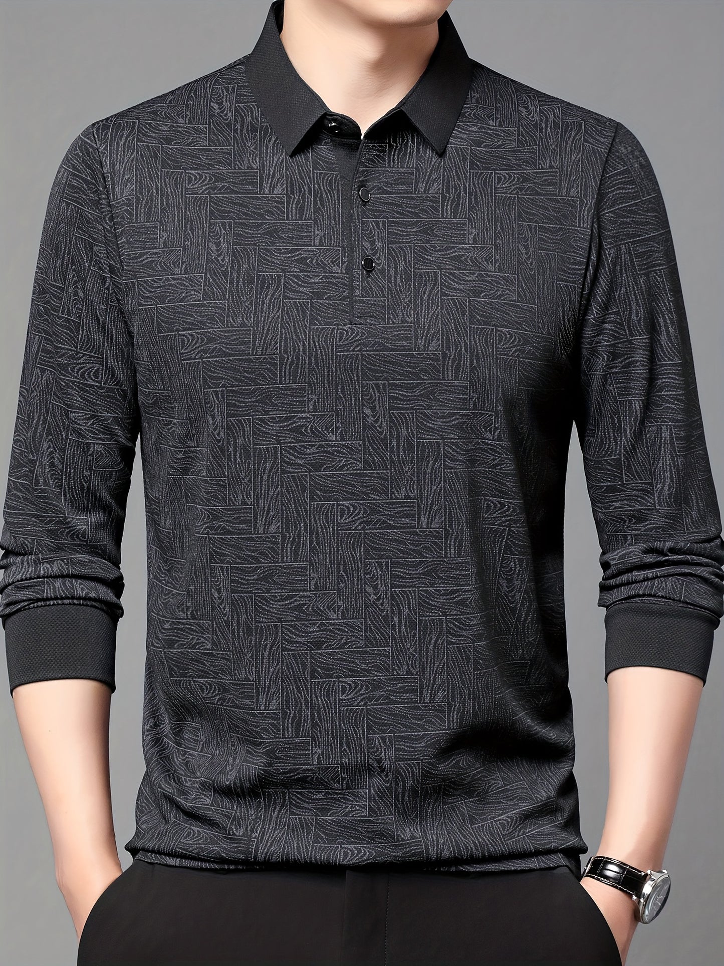 Men'S Geometric Mahjong Block Long Sleeve Polo Shirt - Casual & Stylish Business-Casual Lapel Collar, Polyester Blend, Perfect for Spring/Fall