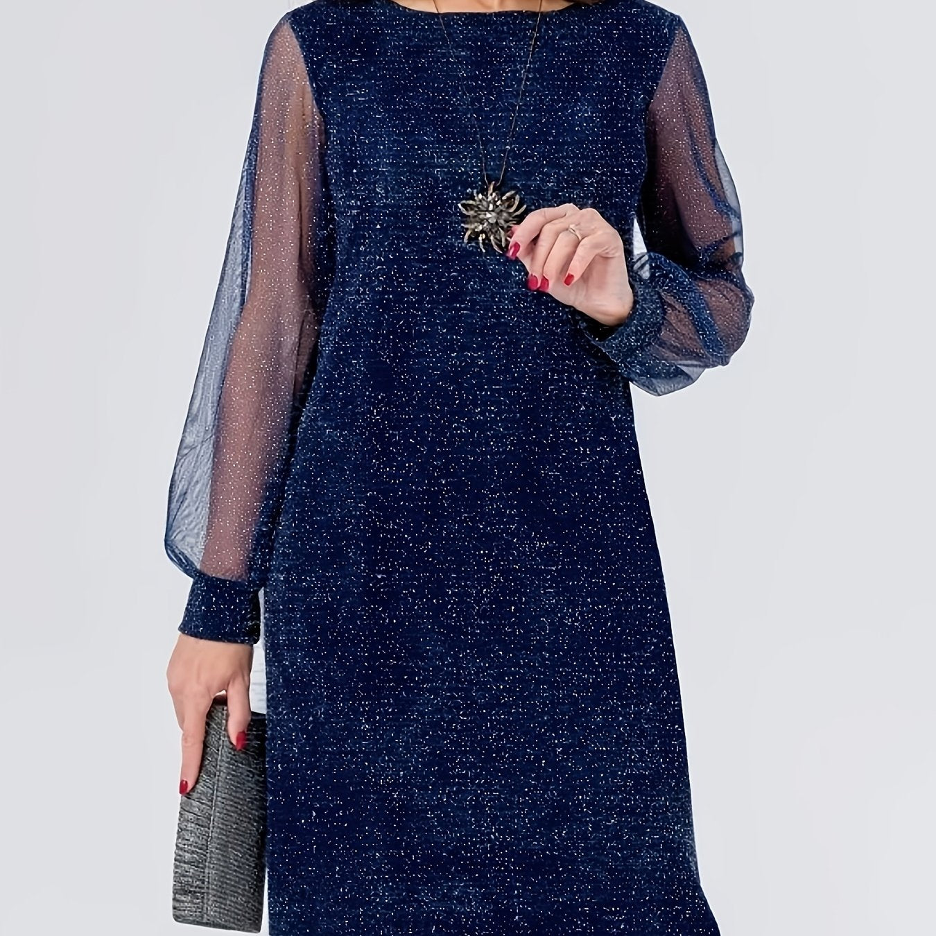 New Spring/Autumn Dress with Mesh Patchwork, Round Neck, Long Sleeves, Fashionable Fabric, Fit Dress