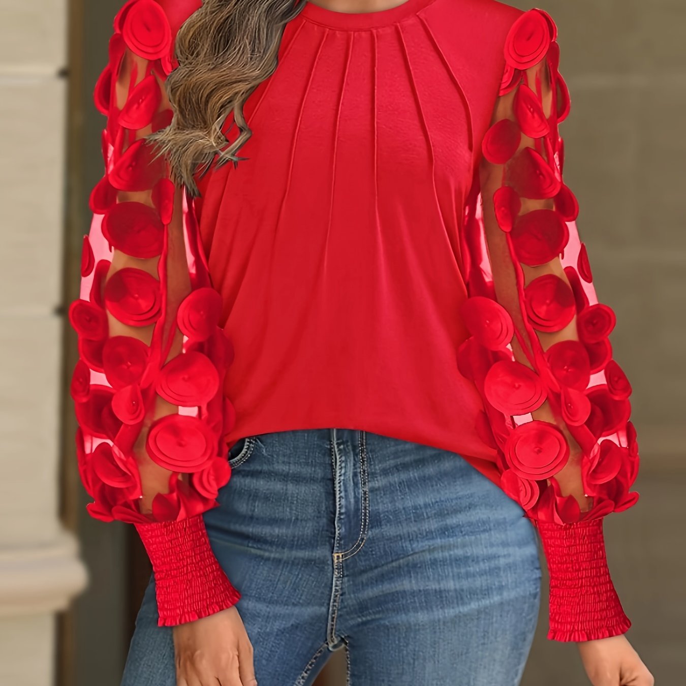 Blouse Y2K rouge à volants en mesh pour femmes, manches longues, col rond élégant avec bordure contrastée, printemps/été/automne
