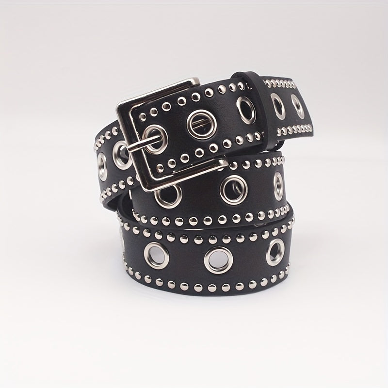 Ceinture punk cloutée à œillets – Ceinture PU noire style hip-hop, tendance pour jeans et pantalons, pour femmes et hommes