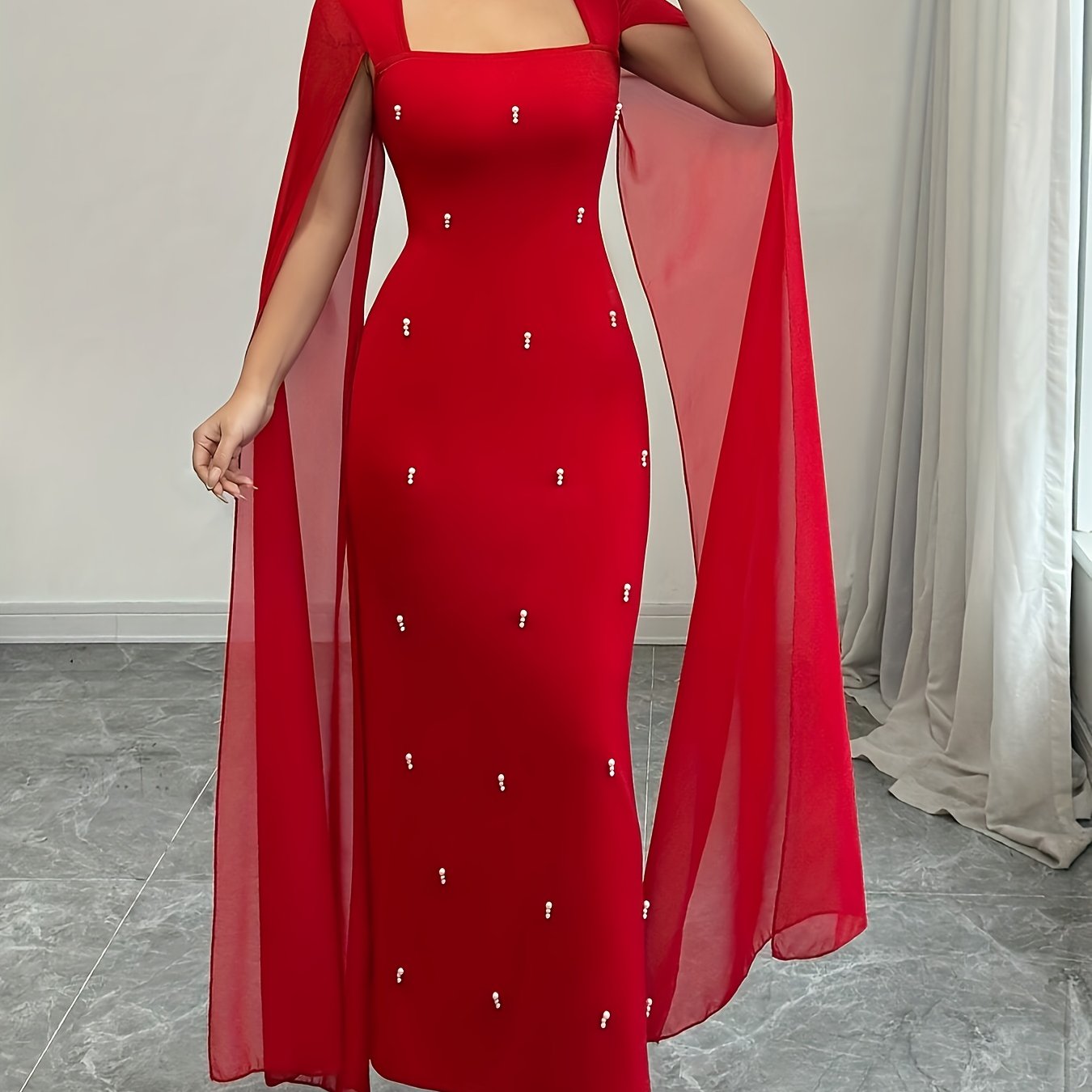 Elegant Everyday Party Fitted Shawl Collar Chiffon Sheer Stretchy Red Women'S Dress - Long Mermaid Gown for Spring And Summer