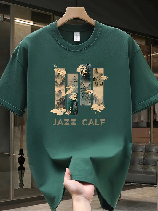 Men's Heavyweight 100% Cotton Oversized T-Shirt with Jazz Calf Graphic Print - White Summer Casual Round Neck Short Sleeve Tee, Large Size Breathable Fabric for Casual Attire & Jazz-Themed Events, Machine Washable Youthful St