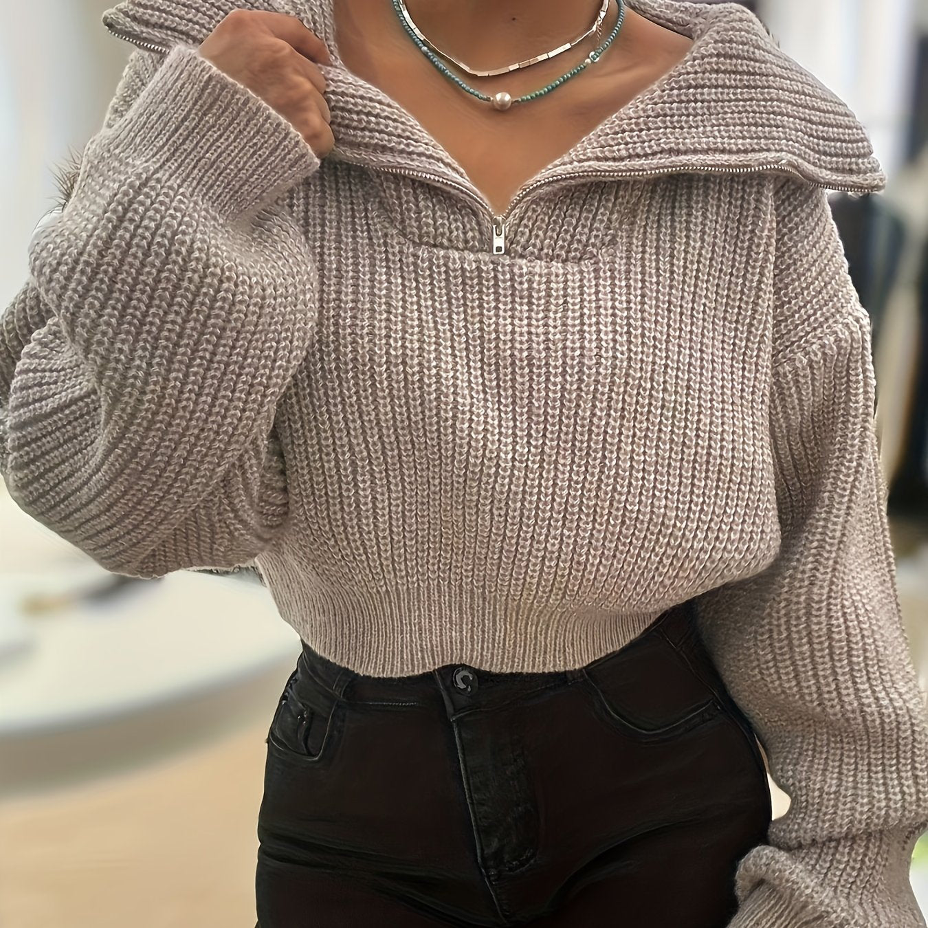 Pull court femme automne-hiver à demi-zip et manches lanterne – Pull côtelé élégant, coupe slim, tissu stretch mi-épais, lavable en machine, style décontracté chic, détail côtelé plié