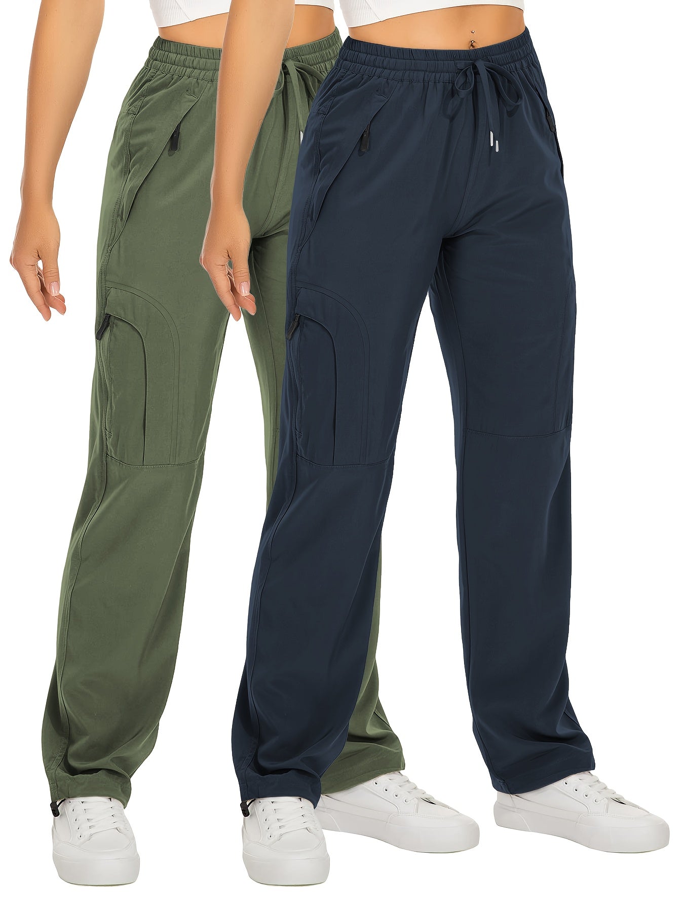 Lot de 2 Pantalons Cargo Femme – Poches Zippées, Tissu Respirant et Séchant Rapidement, Extensible, Automne, Noir et Blanc