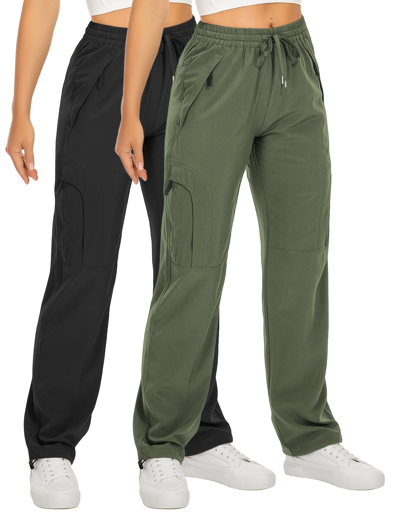 Lot de 2 Pantalons Cargo Femme – Poches Zippées, Tissu Respirant et Séchant Rapidement, Extensible, Automne, Noir et Blanc