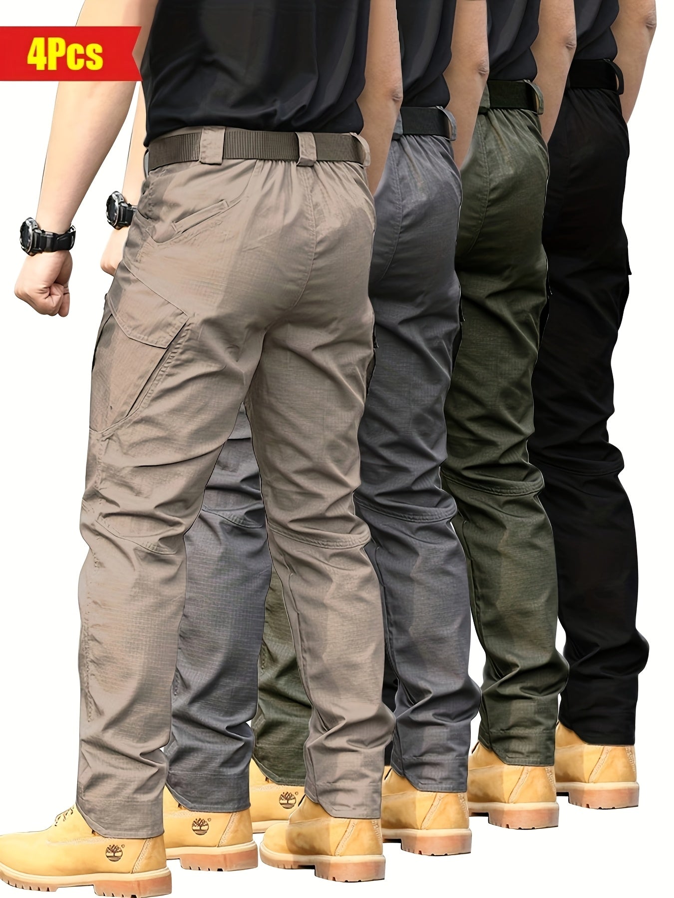Pantalon cargo tactique pour homme (4 pièces) – multi-poches, taille ajustable, polyester non extensible, tissu durable, idéal pour randonnée, pêche, escalade et usage quotidien