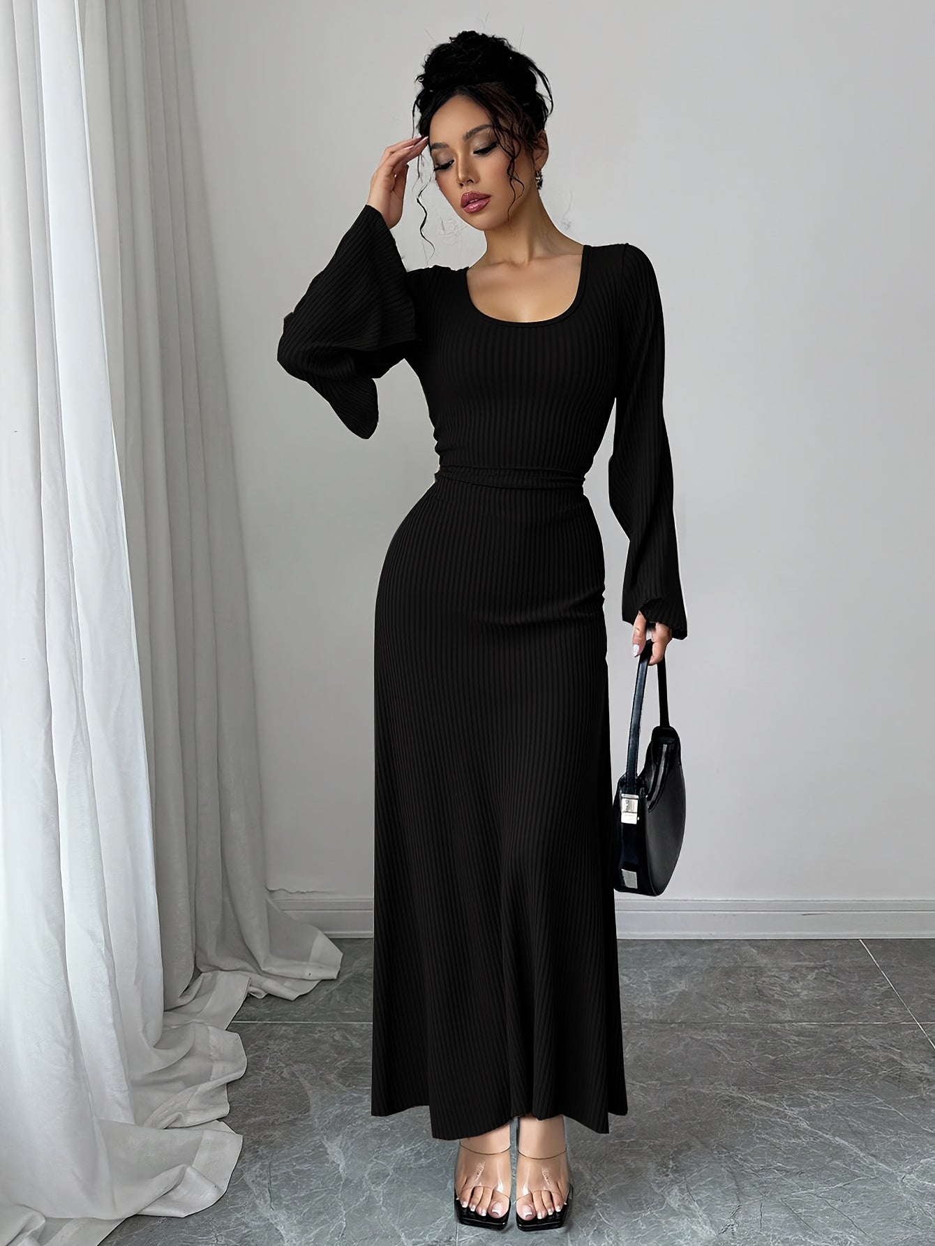 Robe Maxi Traditionnelle Femme Élégante – Couleur Unie, Manches Bouffantes, Nœud au Dos, Silhouette A-Ligne, Col Rond, Longue, Idéale Événements Formels