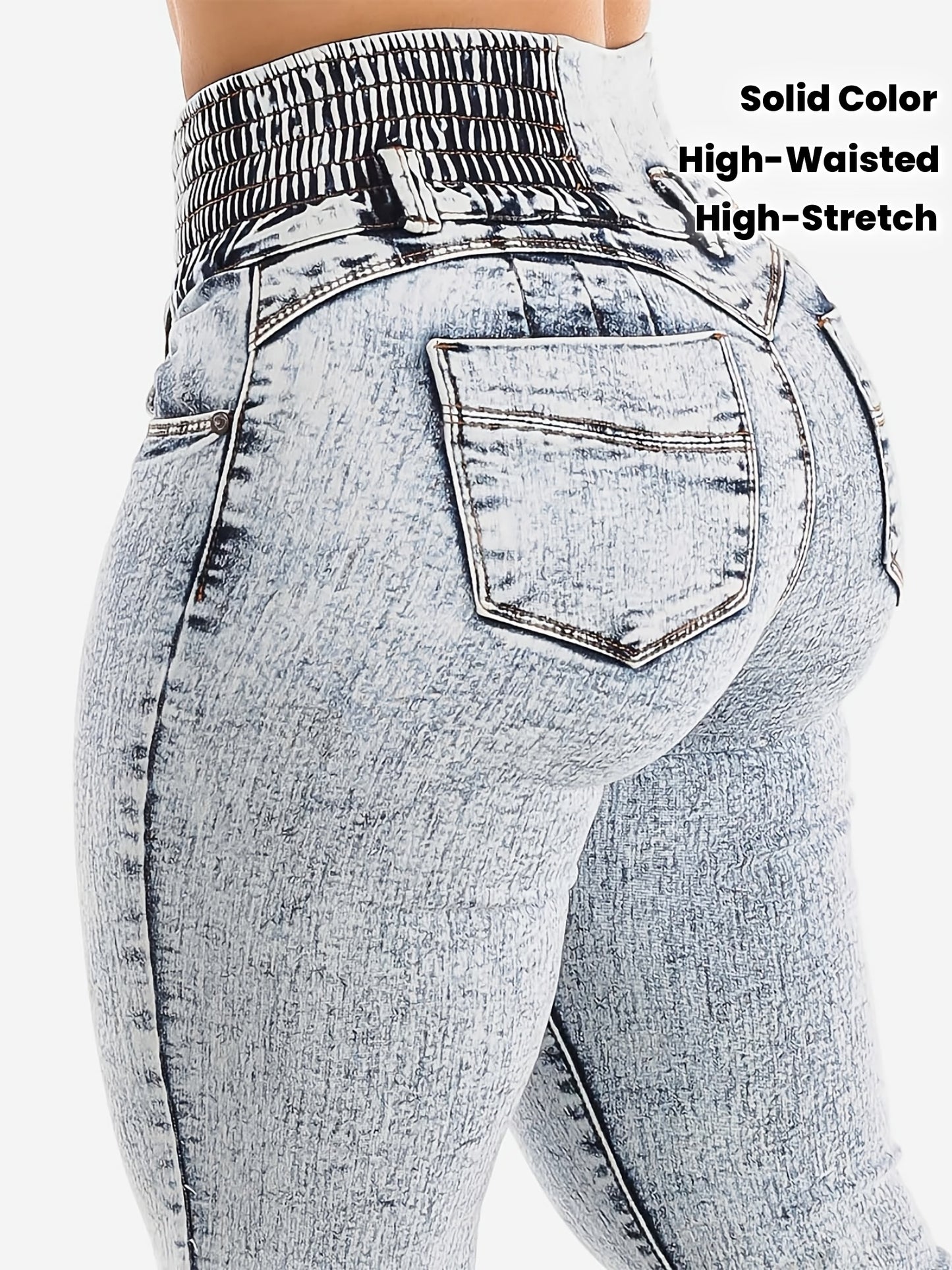Jean skinny taille haute pour femme, denim uni à effet flocons, style urbain, toutes saisons, tissu stretch, tissage serré, ceinture à 3 boutons avec ceinture intégrée