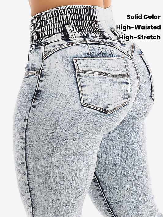Jean skinny taille haute pour femme, denim uni à effet flocons, style urbain, toutes saisons, tissu stretch, tissage serré, ceinture à 3 boutons avec ceinture intégrée
