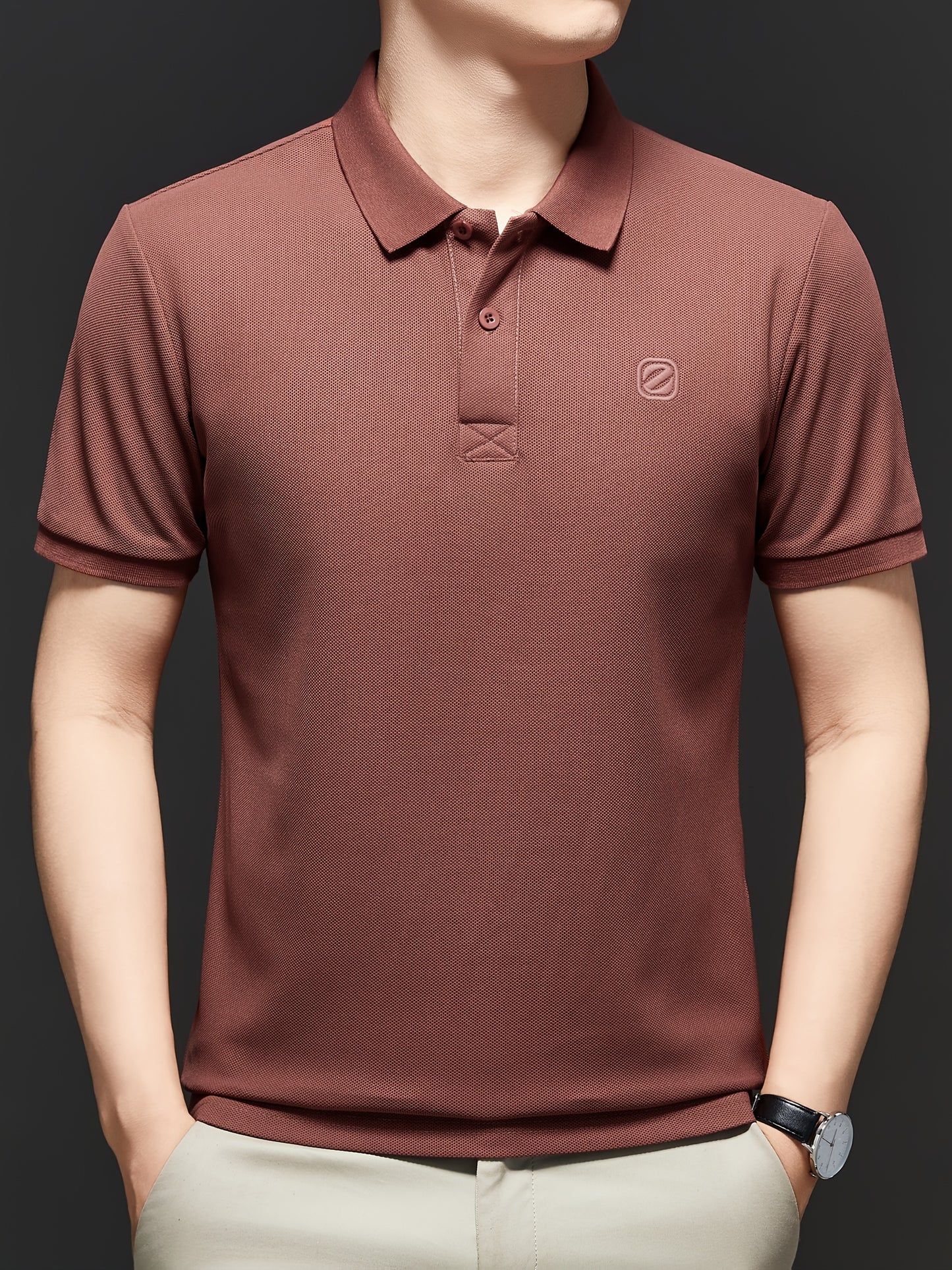 Men's Slim-Fit Short Sleeve Shirt - Breathable Black with White Collar & Logo, Classic Lapel Neck, Wrinkle-Resistant Fabric for Spring/Autumn, Versatile Casual & Semi-Formal Wear - Easy Care (Hand Wash/Dry Clean) - ZBZP25 Col