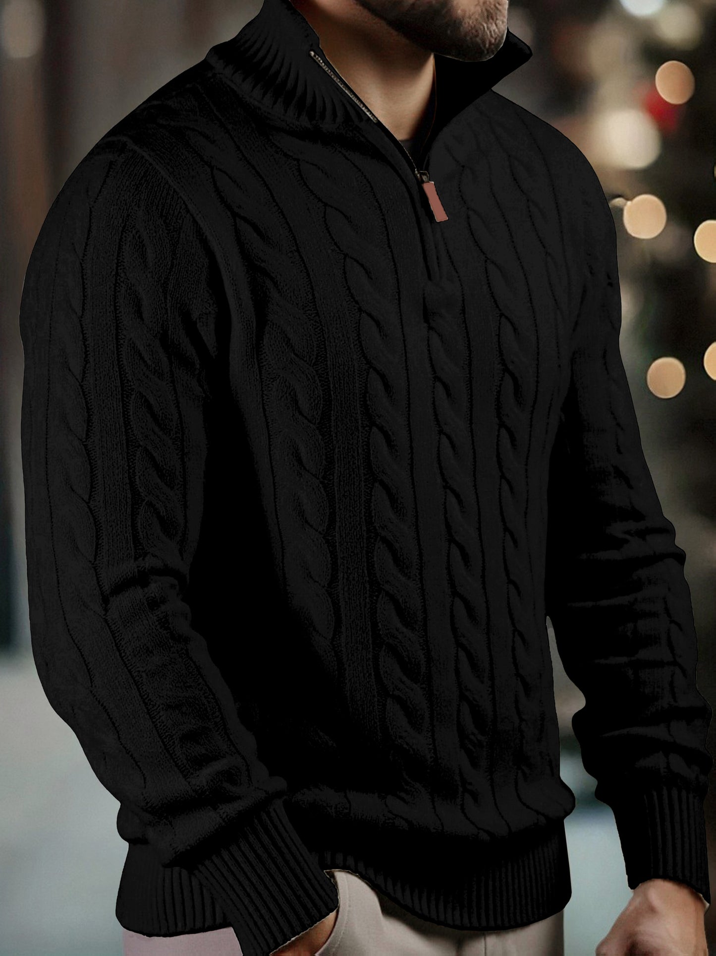 Men's Solid Color Zippered -Knit Sweater - Winter Warm High Neck Pullover, Soft Stretch Knitwear Suitable for Office, Date Night & Casual Wear - Ideal Gift for Fall/Winter