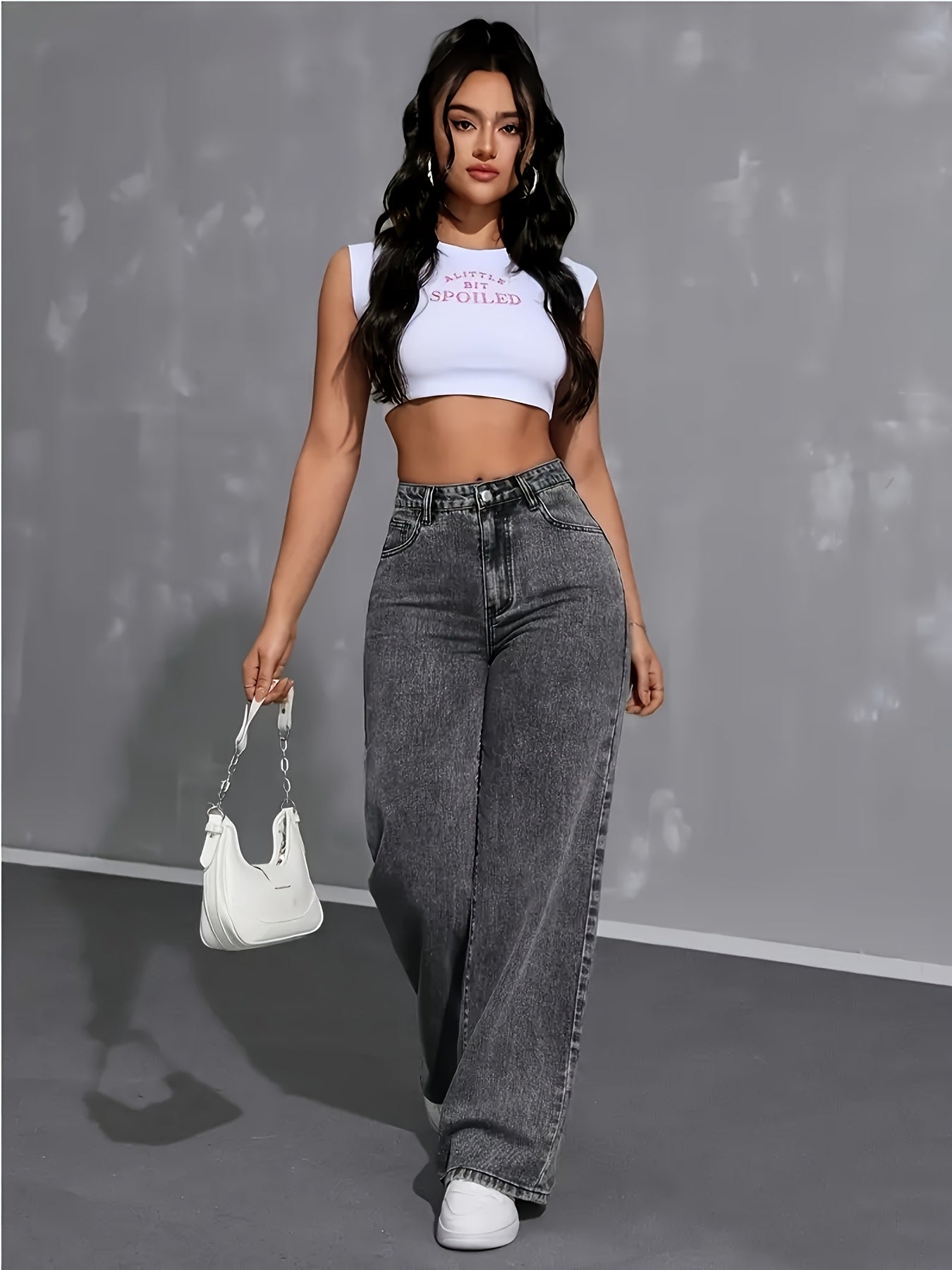 Pantalon Femme Stretch à Jambes Droites – Jean Large à Taille Haute, Finition Gris Délavé Effet Neige, Style Rétro