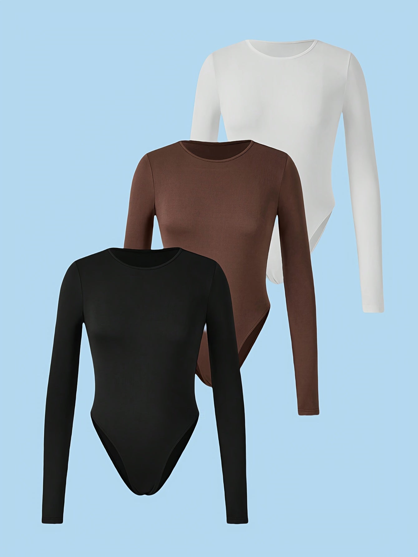 Lot de 3 hauts femme à manches longues, coupe slim et col rond, tissu extensible haute élasticité, couleur unie, lavables en machine, parfaits pour toutes saisons, style polyvalent et confortable