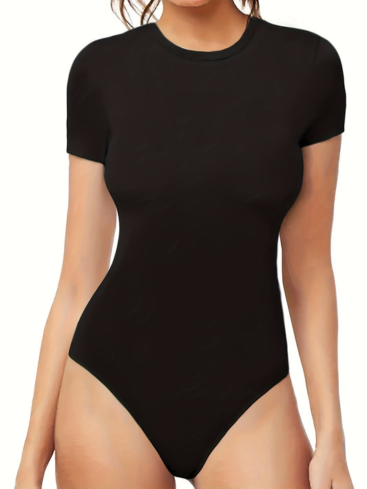 Body slim femme à manches courtes, col rond, tissu extensible et confortable, style estival élégant, lavable en machine, sous-vêtement confortable au design minimaliste et texture lisse