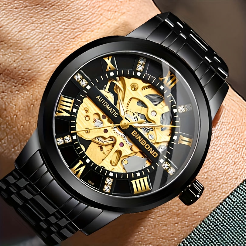 Stylish Men'S Fashion Casual Hollow Out Movement Mechanical Watch Waterproof Luminous Automatic Mechanical Watch, Without Battery