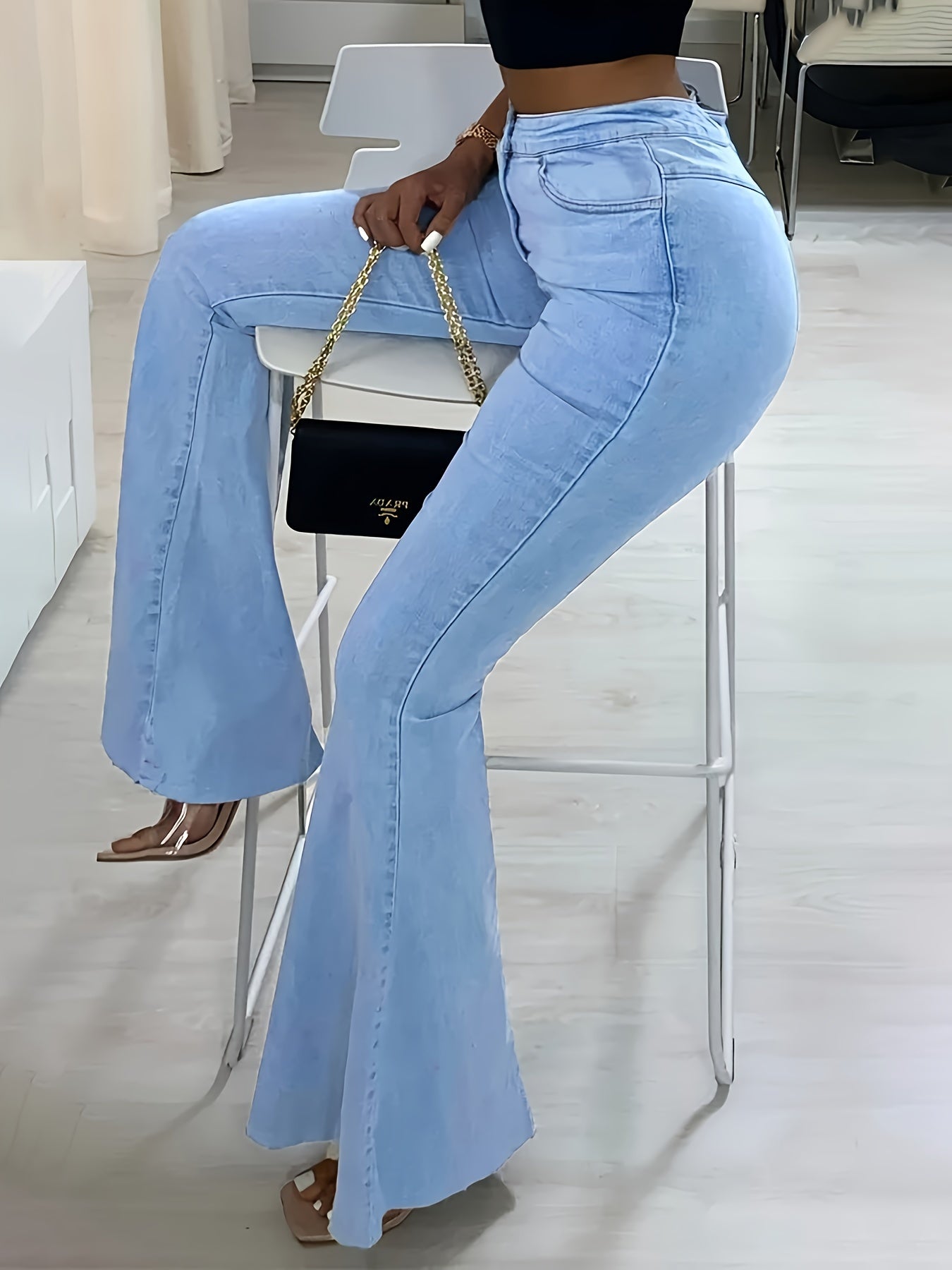 Jeans Femme Taille Haute Bleu Uni Style Street Extensible Confortable Décontracté Toute Saison Lavable