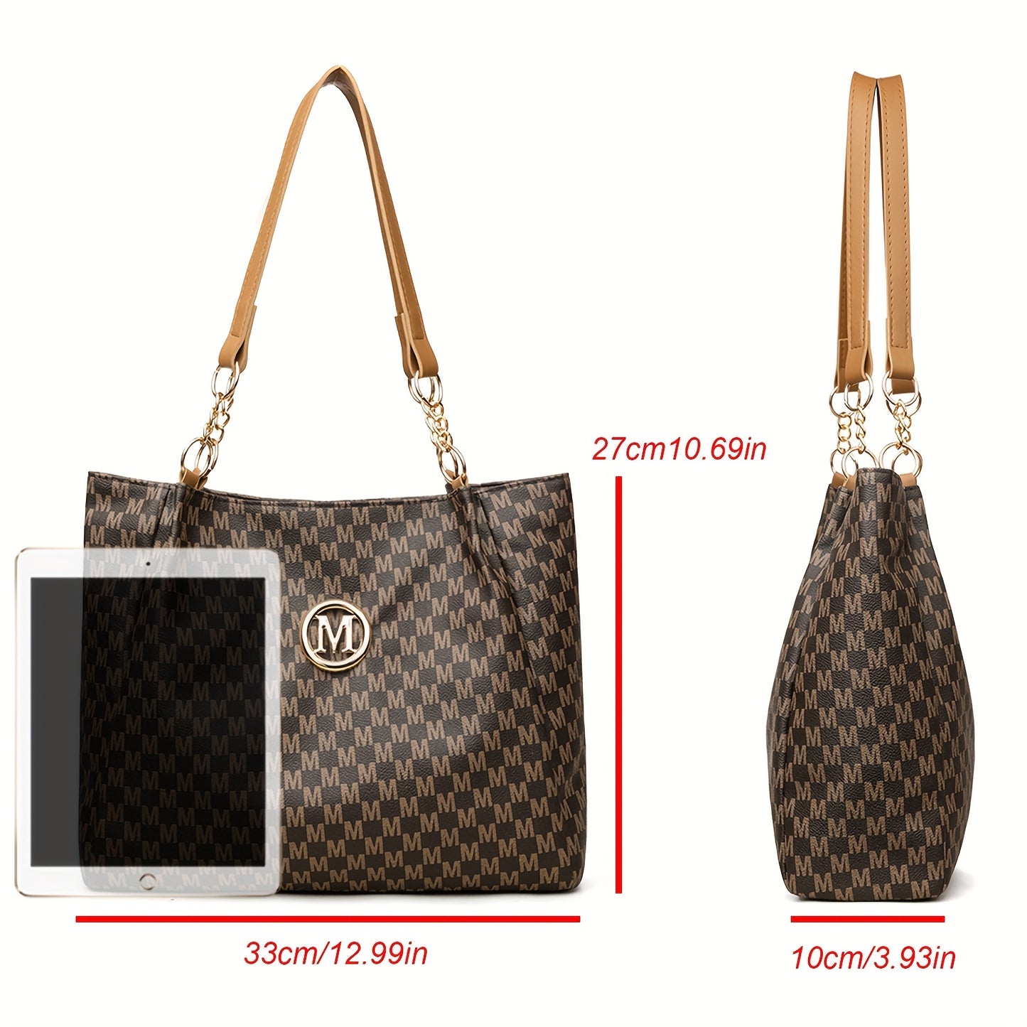 Sac Cabas Femme Élégant et Classique à Monogramme « M » – Grande Capacité, Cuir Synthétique avec Détails Marron, Bandoulières Fixes et Quincaillerie Dorée, Fermeture Éclair, Parfait pour le Travail, Déplacements et Shopping