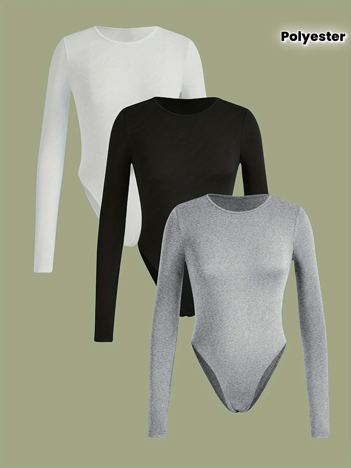 Lot de 3 bodys femme à manches longues, coupe slim, col rond, couleur unie (blanc, noir, gris), confortables et élégants, style décontracté pour toutes saisons