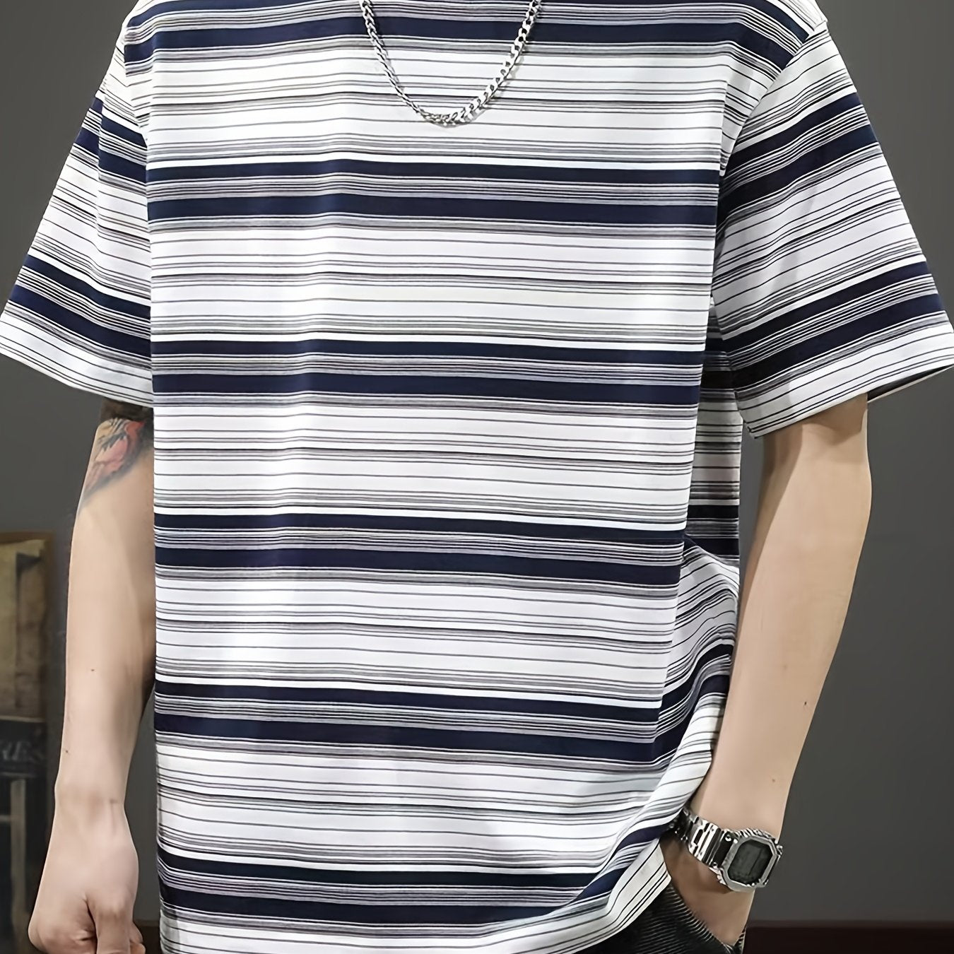 Men'S Summer Casual Striped T-Shirt, Crew Neck, Loose Fit, Polyester 95% Spandex 5%, Medium Stretch Knit Fabric, 180gsm - Fashionable Tee for Men