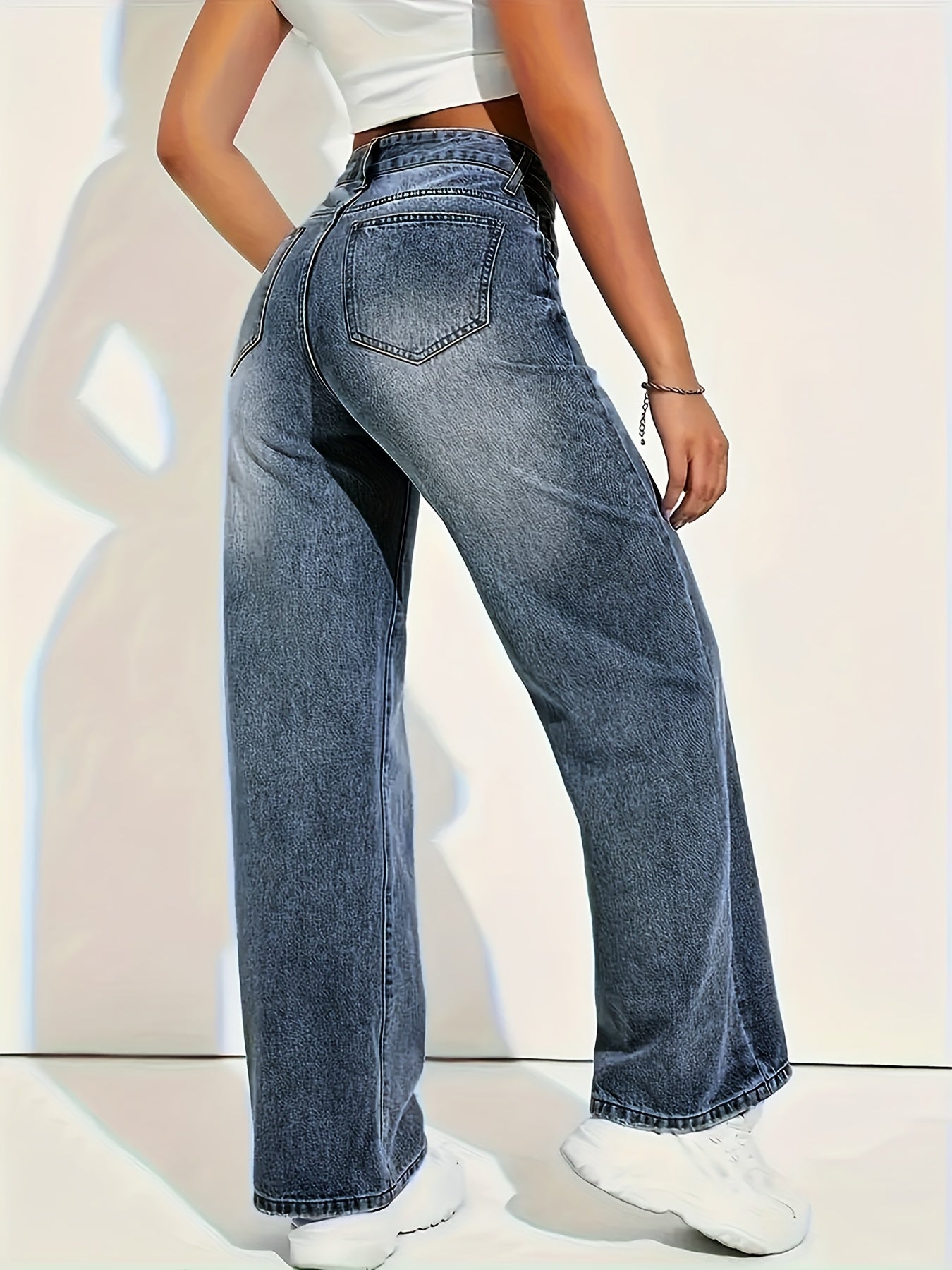 Pantalon Femme Jambe Droite Denim Extensible Bleu Poches Taille Sans Ceinture Slim Toute Saison Élégant Bureau et Décontracté