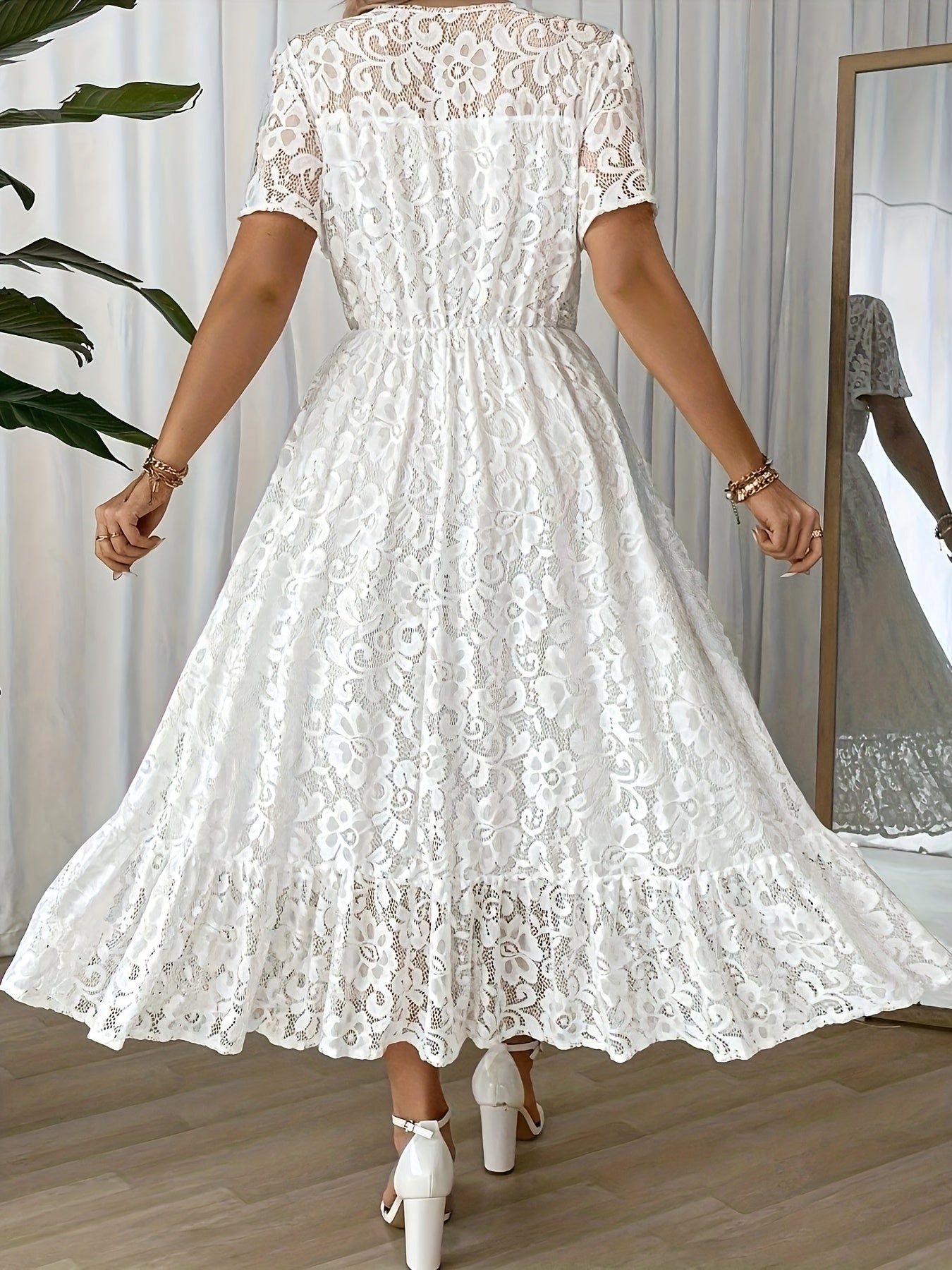 Robe Longue Grande Taille Élégante – Col Dentelle, Bas Smock, Couleur Unie Noire, Coupe A-Ligne, Idéale Soirées, Mariages et Événements Formels, Lavable en Machine