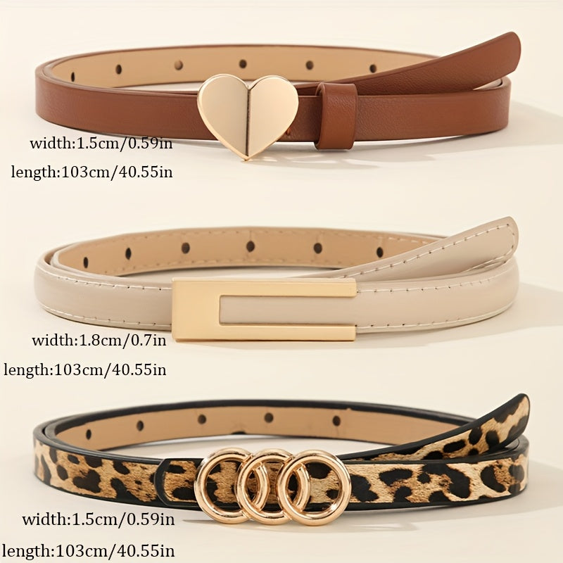 Lot de 3 ceintures pour femmes – Style preppy décontracté, imprimé léopard avec cœur, simple, matériaux non textiles, taille moyenne, sans plumes, instructions d’entretien : ne pas laver, pour jupe, jeans, déplacements quotidiens