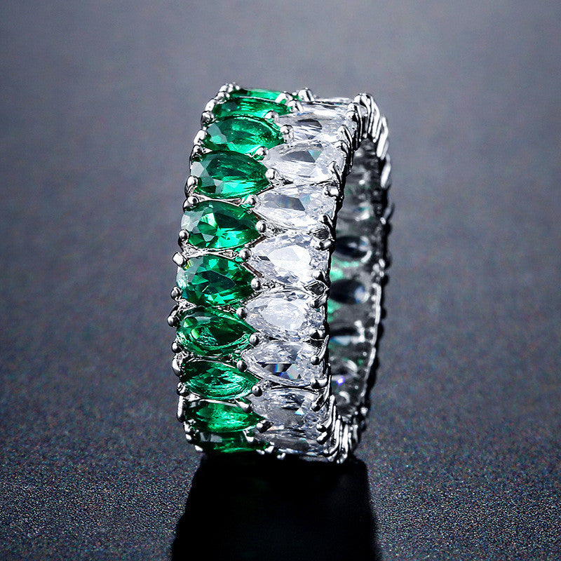 18K Golden Plated Copper Vacation Daily Occasion Holiday Valentine'S Day All Season Luxury Fashion Boho Female Big Wide Double Row Teardrop White Stone Ring, Luxury Fashion, Silvery Yellow Rose Golden Color, with Synthetic Zi