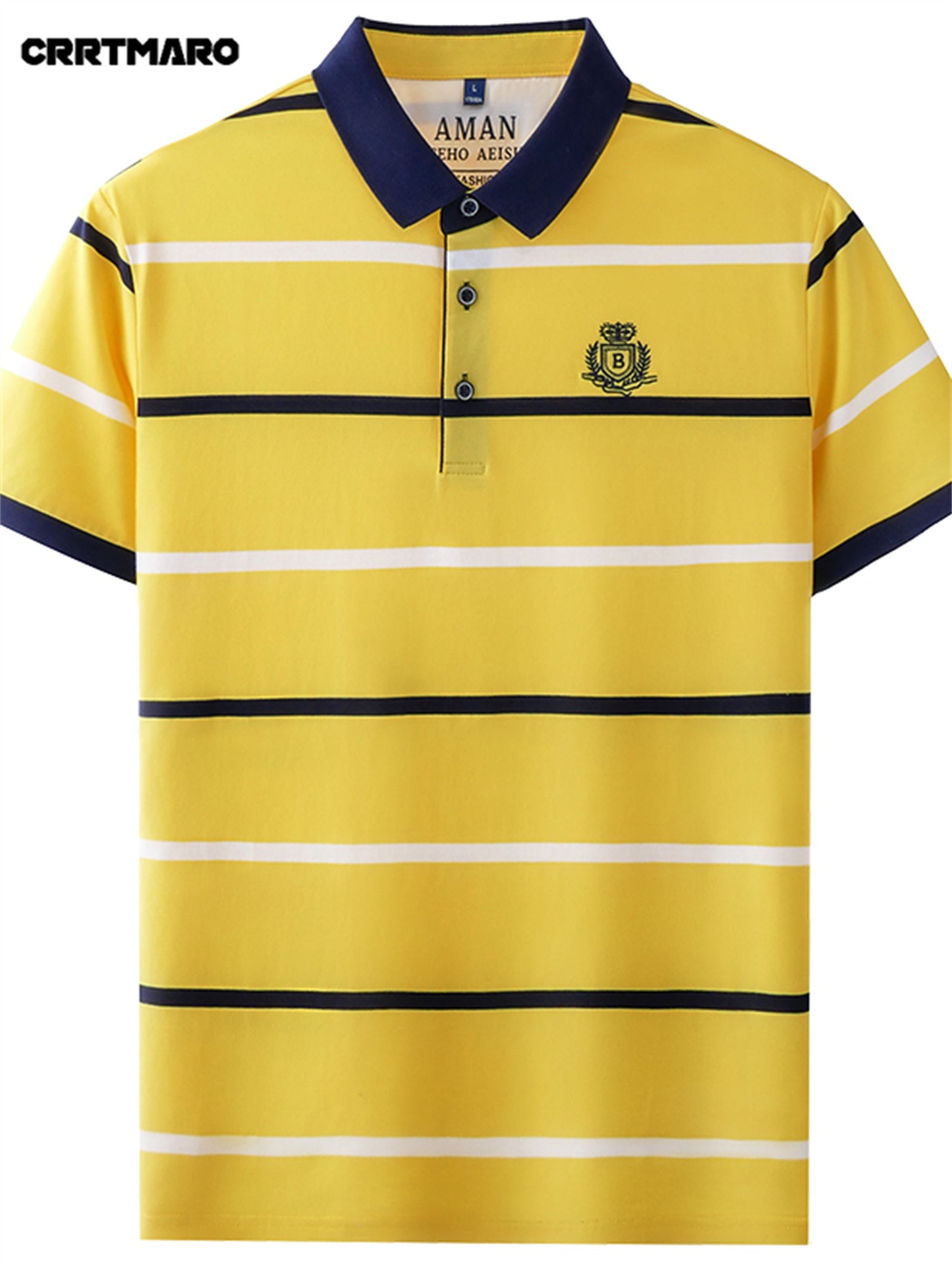 CRRTMARO Men's Short Sleeve Shirt - Summer Striped Embroidered Logo, Vibrant Yellow & Navy, Breathable Regular Fit Casual Button-Up for Office & Leisure