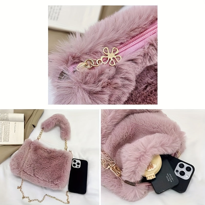 Sac en peluche automne/hiver femme – bandoulière réglable, petit sac carré léger et stylé, fermeture éclair, doublure synthétique, 5 couleurs au choix
