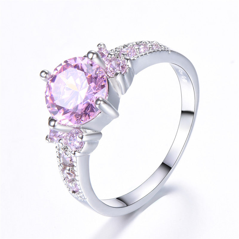 Women's 18k Gold Plated Promise Ring with Round Synthetic Zirconia - Elegant Multicolor (White/Pink/Blue) Wedding, Anniversary & Valentine's Gift, Year-Round Wearable for Birthdays, Engagements, Daily Use