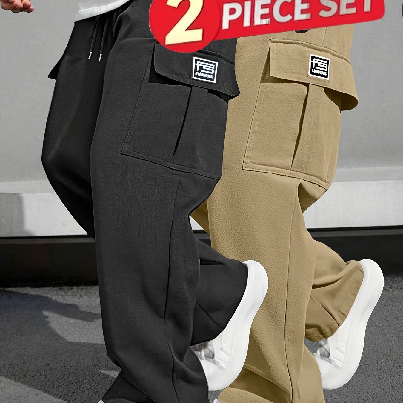 Pantalons de travail robustes pour homme (2 pièces) – cargo multi-poches, coupe ample, taille sans ceinture, poches zippées, jambe droite, idéals construction, sport et tenue décontractée, printemps