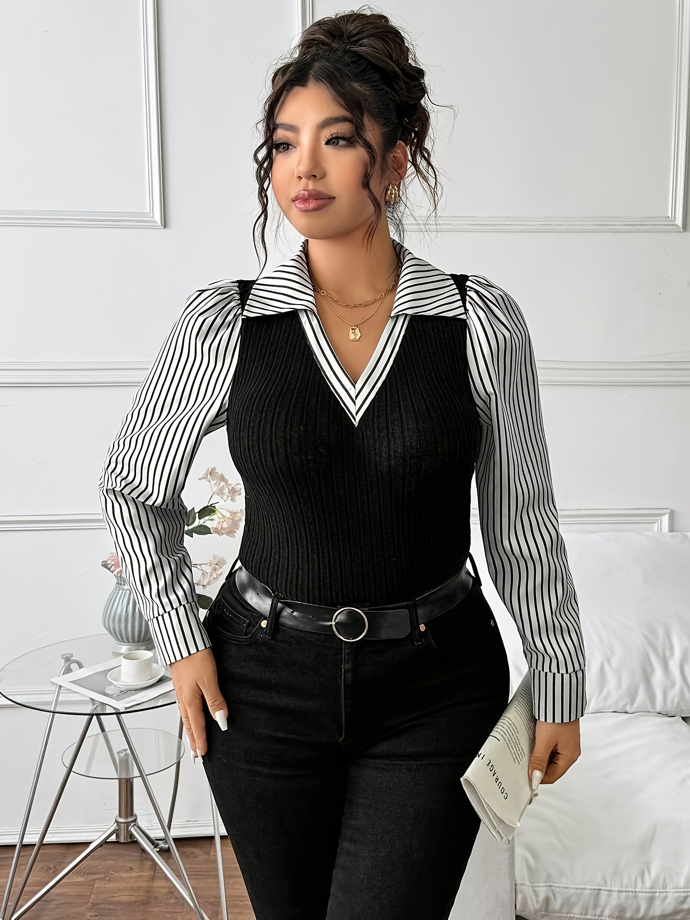 Haut femme grande taille, patchwork effet deux-pièces avec col