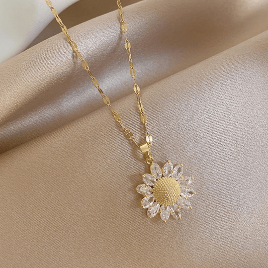 Collier pendentif tournesol en acier inoxydable plaqué or 18 K pour femme, élégant, serti de zirconia synthétique, parfait pour un usage quotidien ou pour offrir lors de fêtes et occasions spéciales