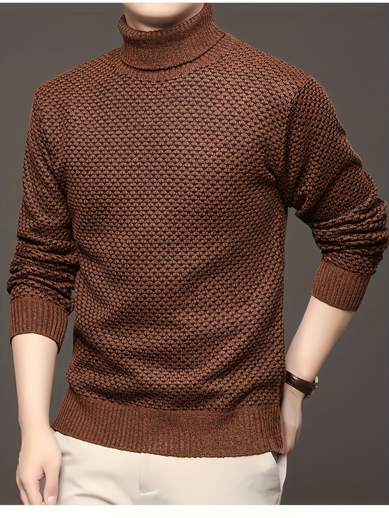 Men'S Autumn Jacquard Knit Sweater with a High Collar, Stylish And Fleece-Lined.