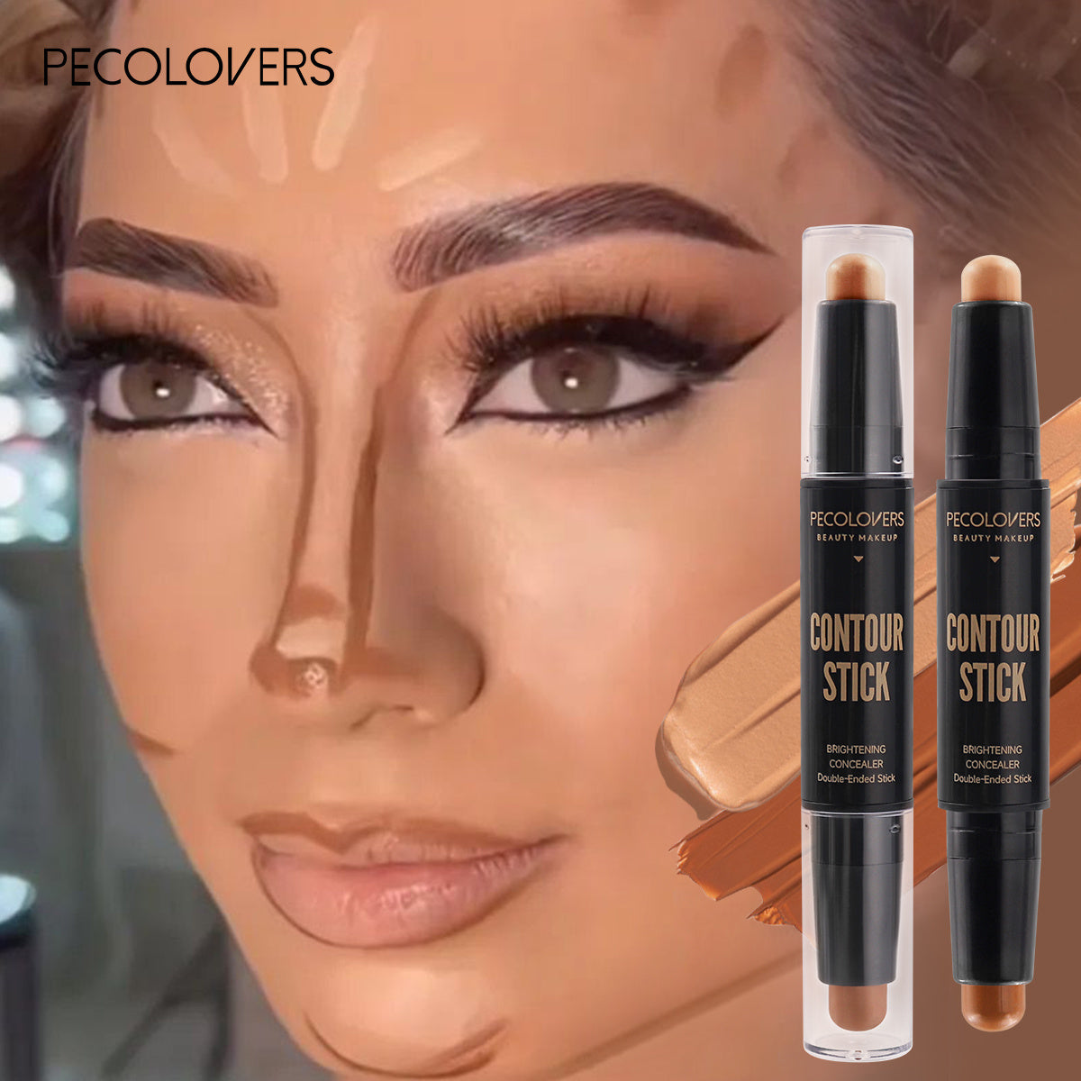 Stylo maquillage double embout – Highlight, contour, fond de teint et correcteur, waterproof