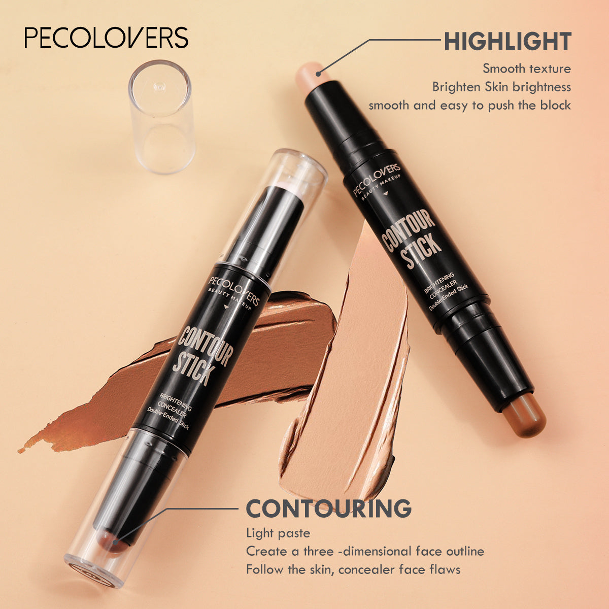 Stylo maquillage double embout – Highlight, contour, fond de teint et correcteur, waterproof