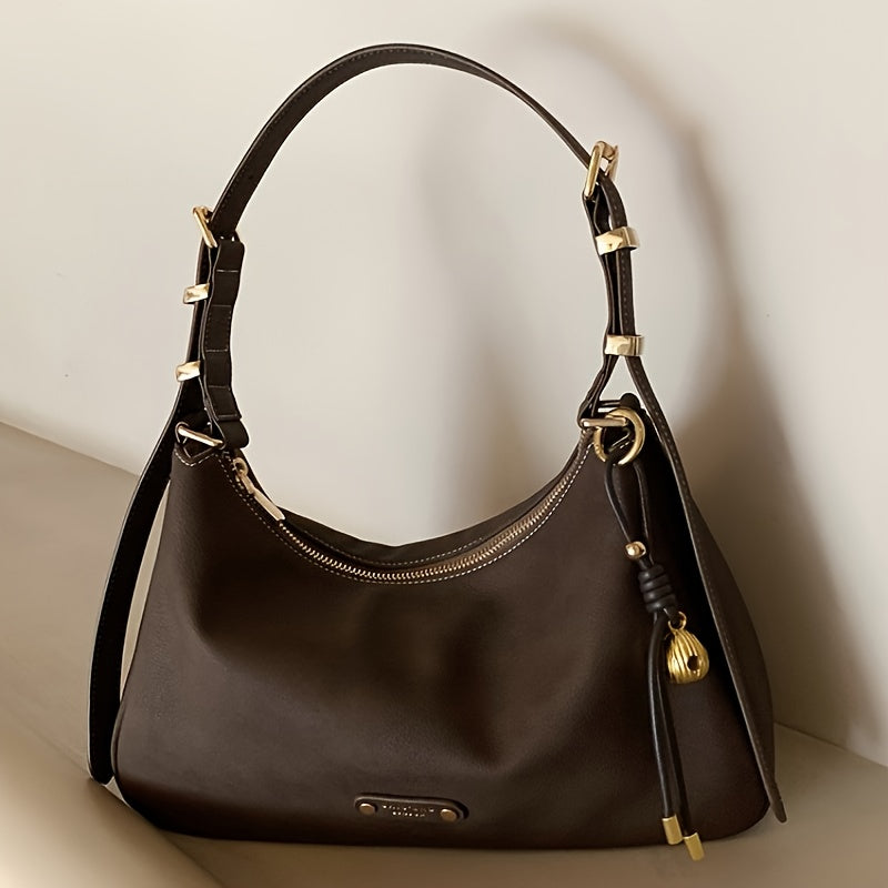 Sac cabas pour femmes – grande capacité, marron café, ferrures dorées, bandoulière et poignée réglables, fermeture zippée, élégant et polyvalent pour usage professionnel et quotidien.