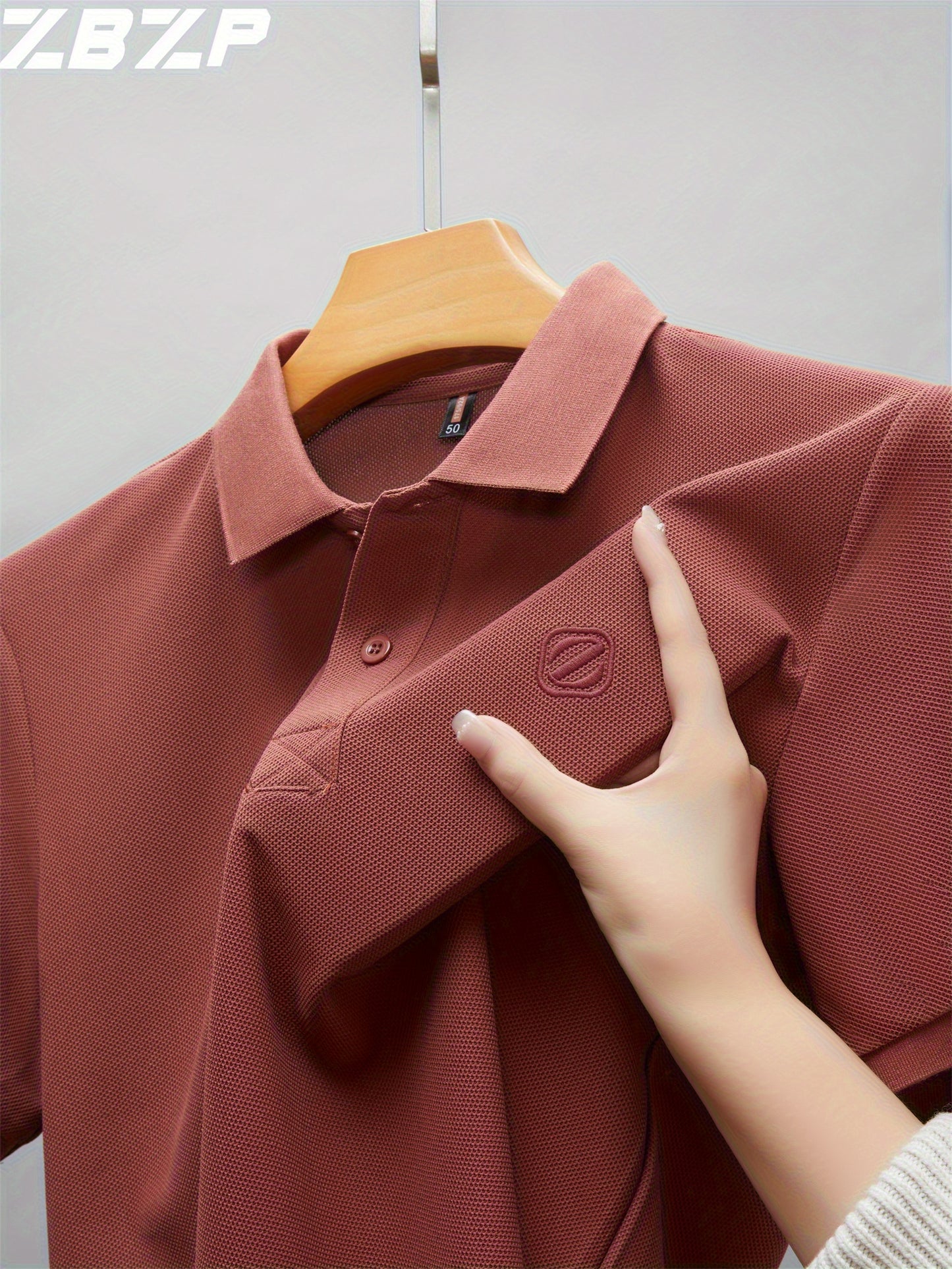 Men's Slim-Fit Short Sleeve Shirt - Breathable Black with White Collar & Logo, Classic Lapel Neck, Wrinkle-Resistant Fabric for Spring/Autumn, Versatile Casual & Semi-Formal Wear - Easy Care (Hand Wash/Dry Clean) - ZBZP25 Col