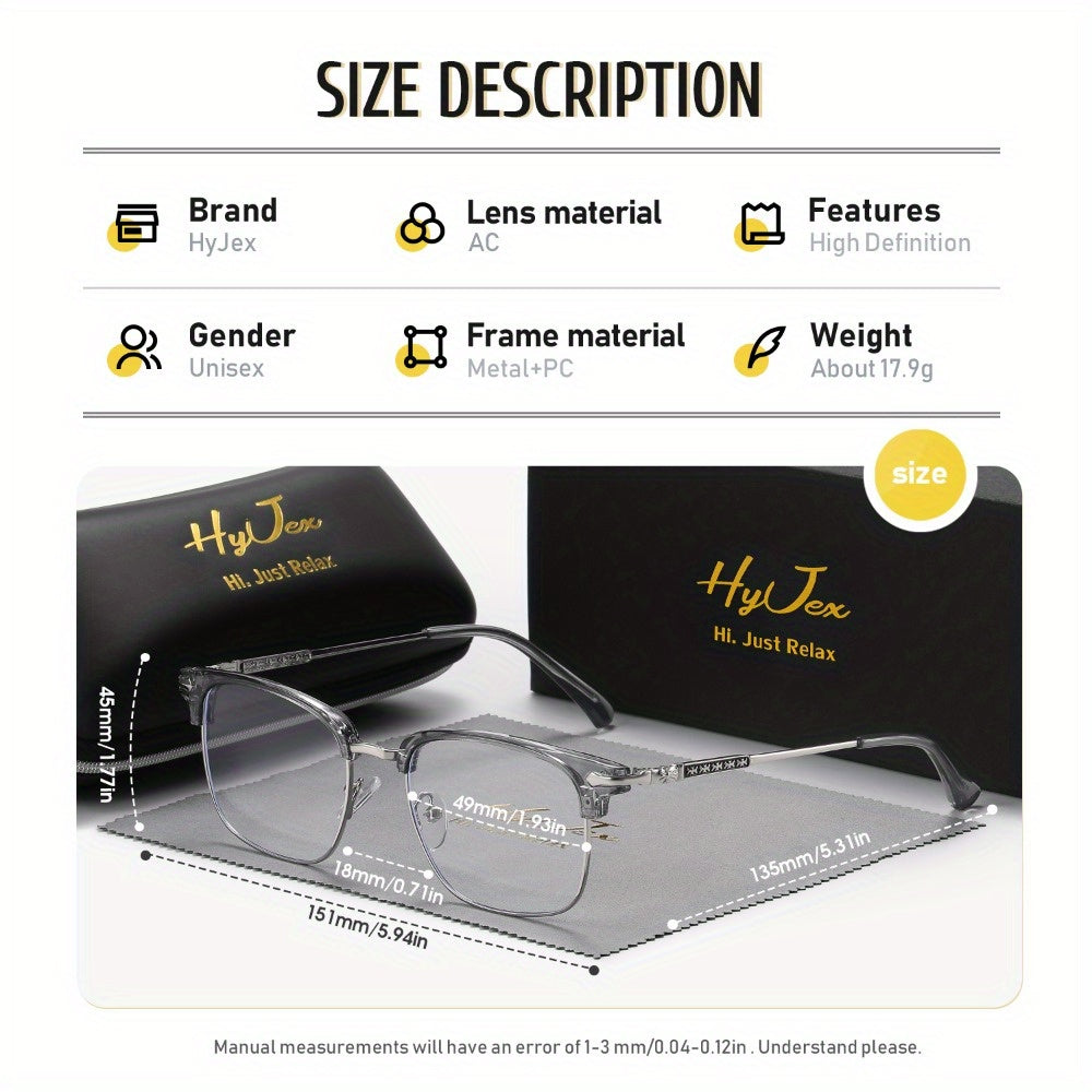 HyJex Unisex Semi-Rimless Fashion Eyebrow Style Business Glasses for Tech Men, Large Frame Cool Plain Lens Glasses