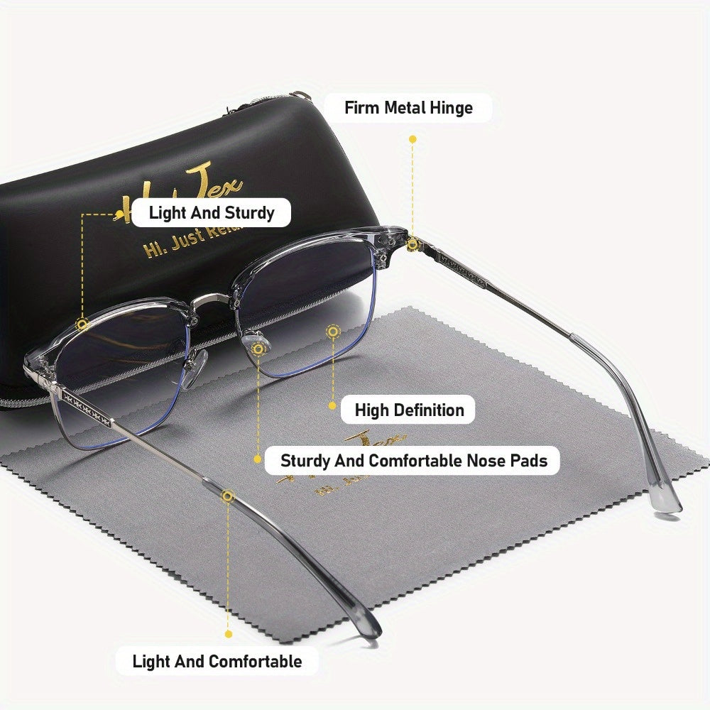 HyJex Unisex Semi-Rimless Fashion Eyebrow Style Business Glasses for Tech Men, Large Frame Cool Plain Lens Glasses