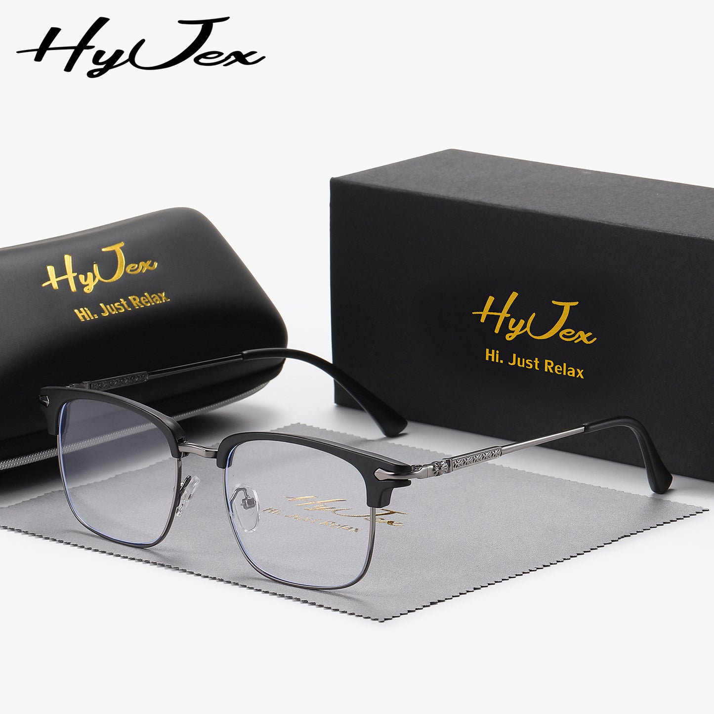 HyJex Unisex Semi-Rimless Fashion Eyebrow Style Business Glasses for Tech Men, Large Frame Cool Plain Lens Glasses