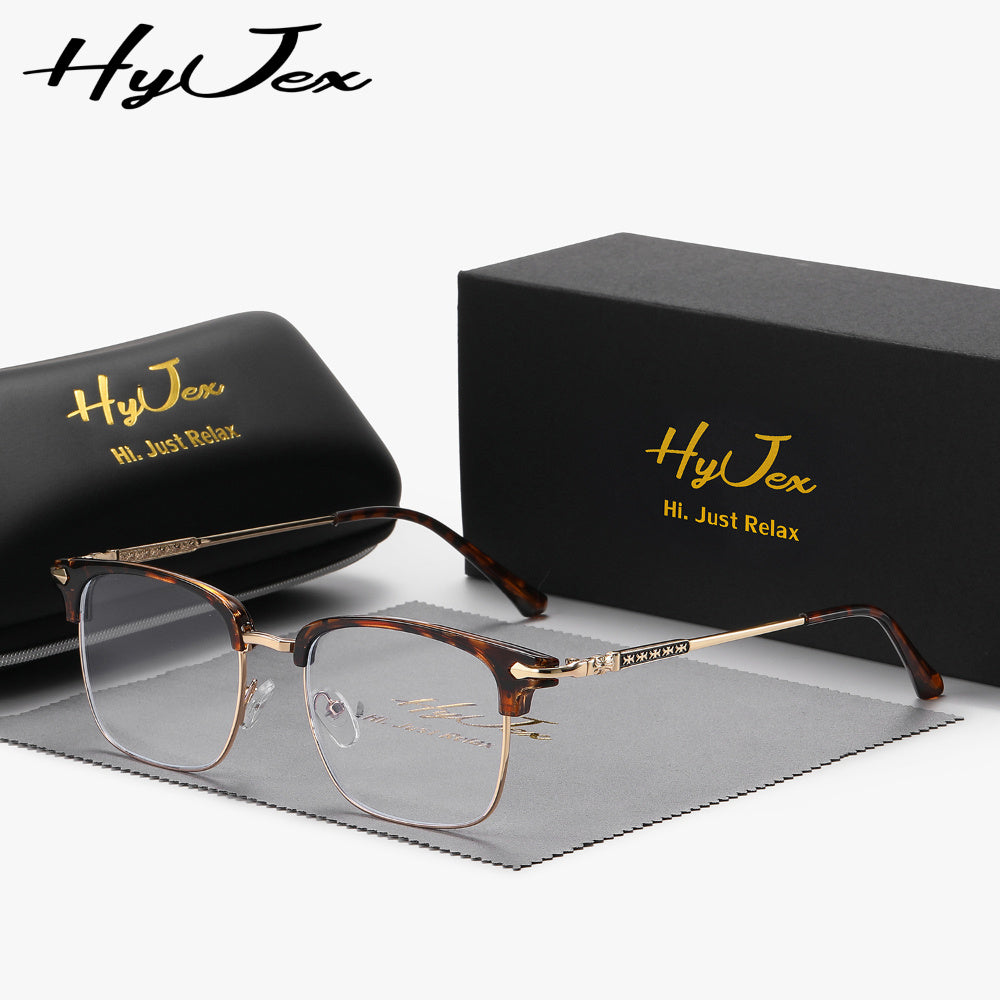 HyJex Unisex Semi-Rimless Fashion Eyebrow Style Business Glasses for Tech Men, Large Frame Cool Plain Lens Glasses