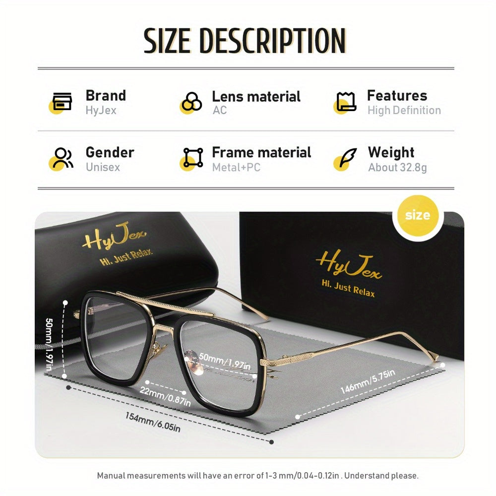 HyJex Trendy Square Frame Blocking Glasses with Golden-Tone Metal Arms, Black Rectangular Eyewear for Women, Includes Protective Case, | Stylish Eyewear | Metal Frame Glasses for Daily